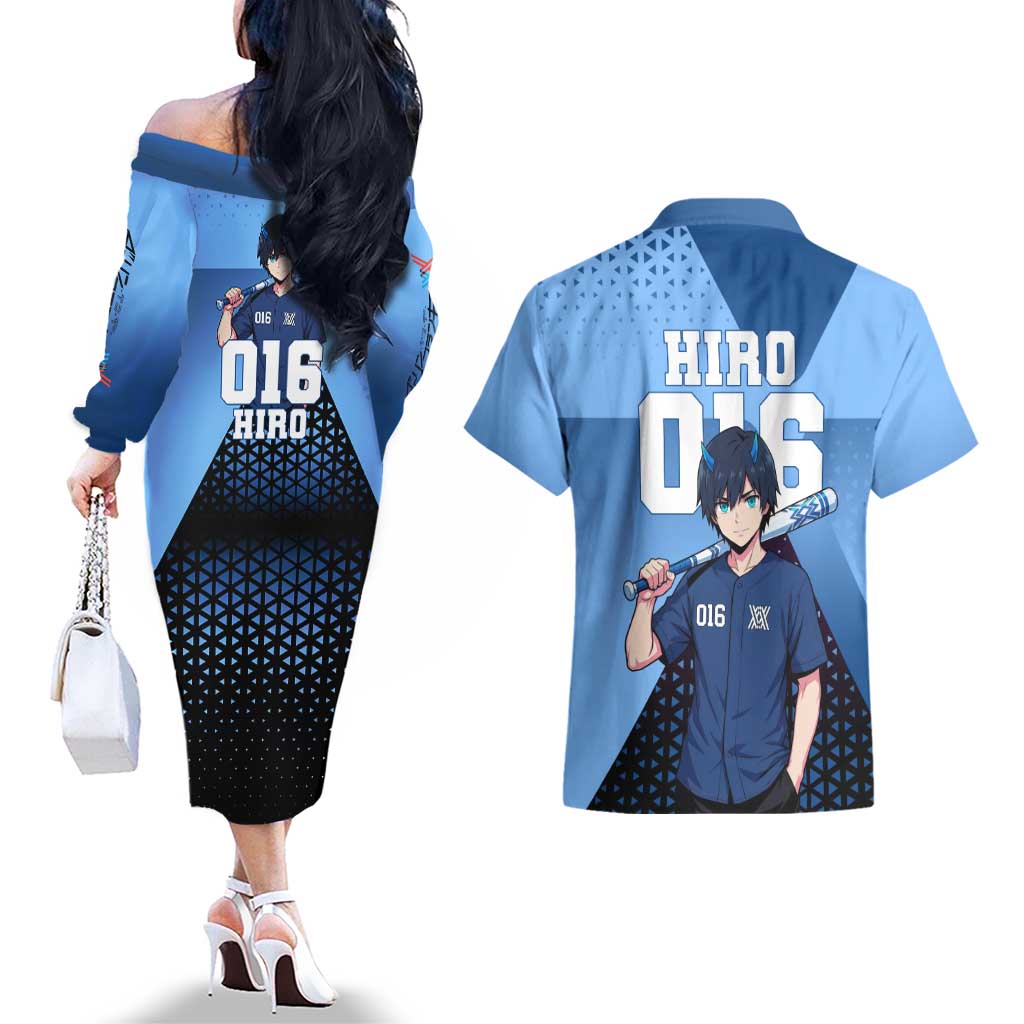 Hiro Couples Matching Off The Shoulder Long Sleeve Dress and Hawaiian Shirt Geometric Blue Baseball Anime Style