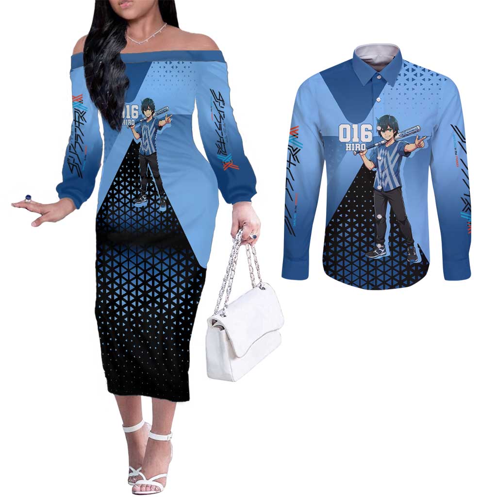 Hiro Couples Matching Off The Shoulder Long Sleeve Dress and Long Sleeve Button Shirt Geometric Blue Baseball Anime Style