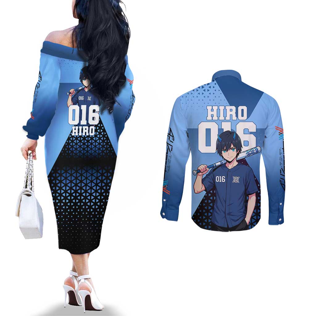 Hiro Couples Matching Off The Shoulder Long Sleeve Dress and Long Sleeve Button Shirt Geometric Blue Baseball Anime Style