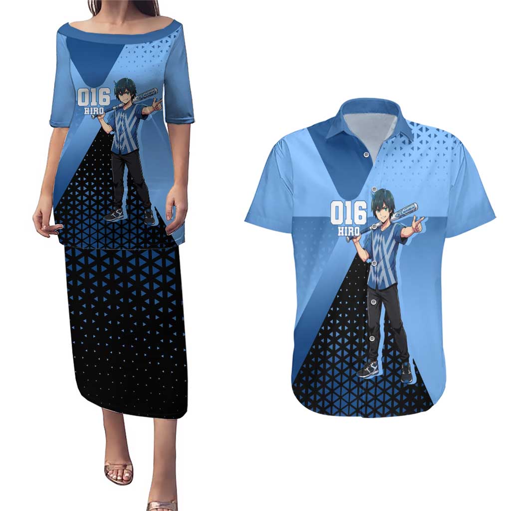 Hiro Couples Matching Puletasi and Hawaiian Shirt Geometric Blue Baseball Anime Style