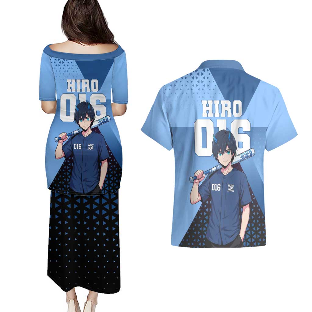 Hiro Couples Matching Puletasi and Hawaiian Shirt Geometric Blue Baseball Anime Style