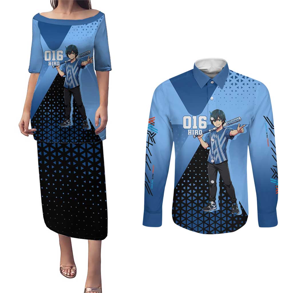 Hiro Couples Matching Puletasi and Long Sleeve Button Shirt Geometric Blue Baseball Anime Style