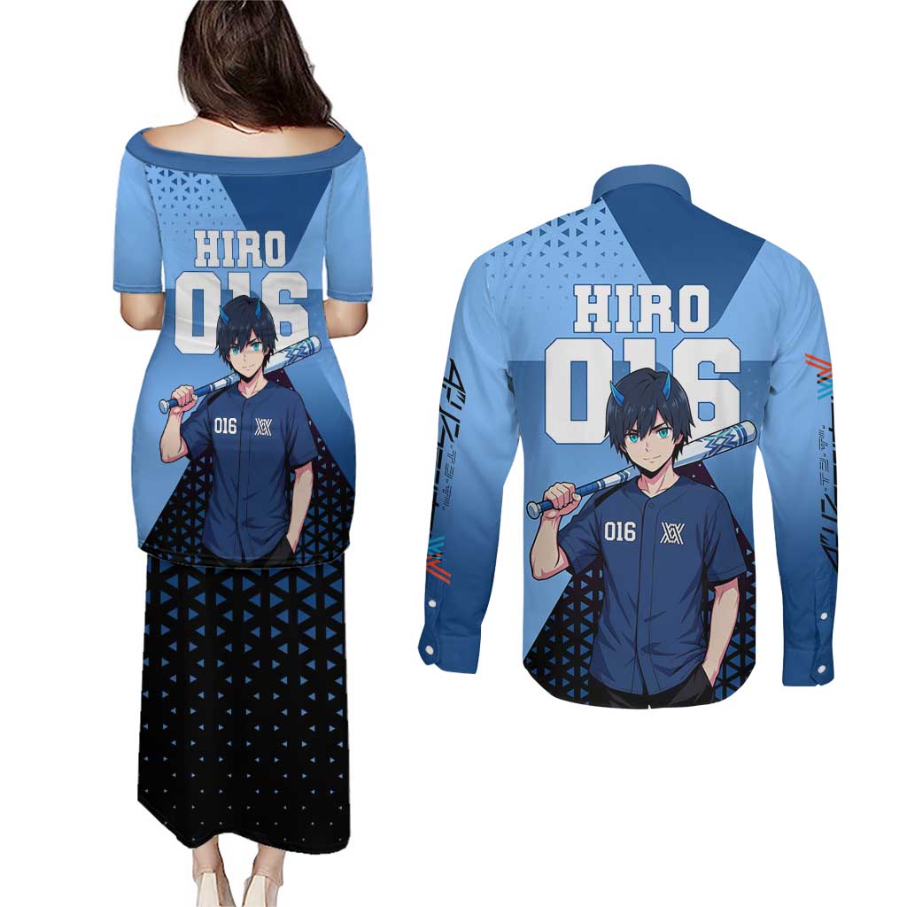 Hiro Couples Matching Puletasi and Long Sleeve Button Shirt Geometric Blue Baseball Anime Style