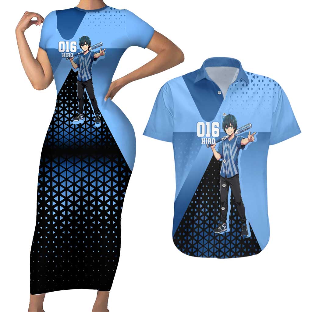 Hiro Couples Matching Short Sleeve Bodycon Dress and Hawaiian Shirt Geometric Blue Baseball Anime Style