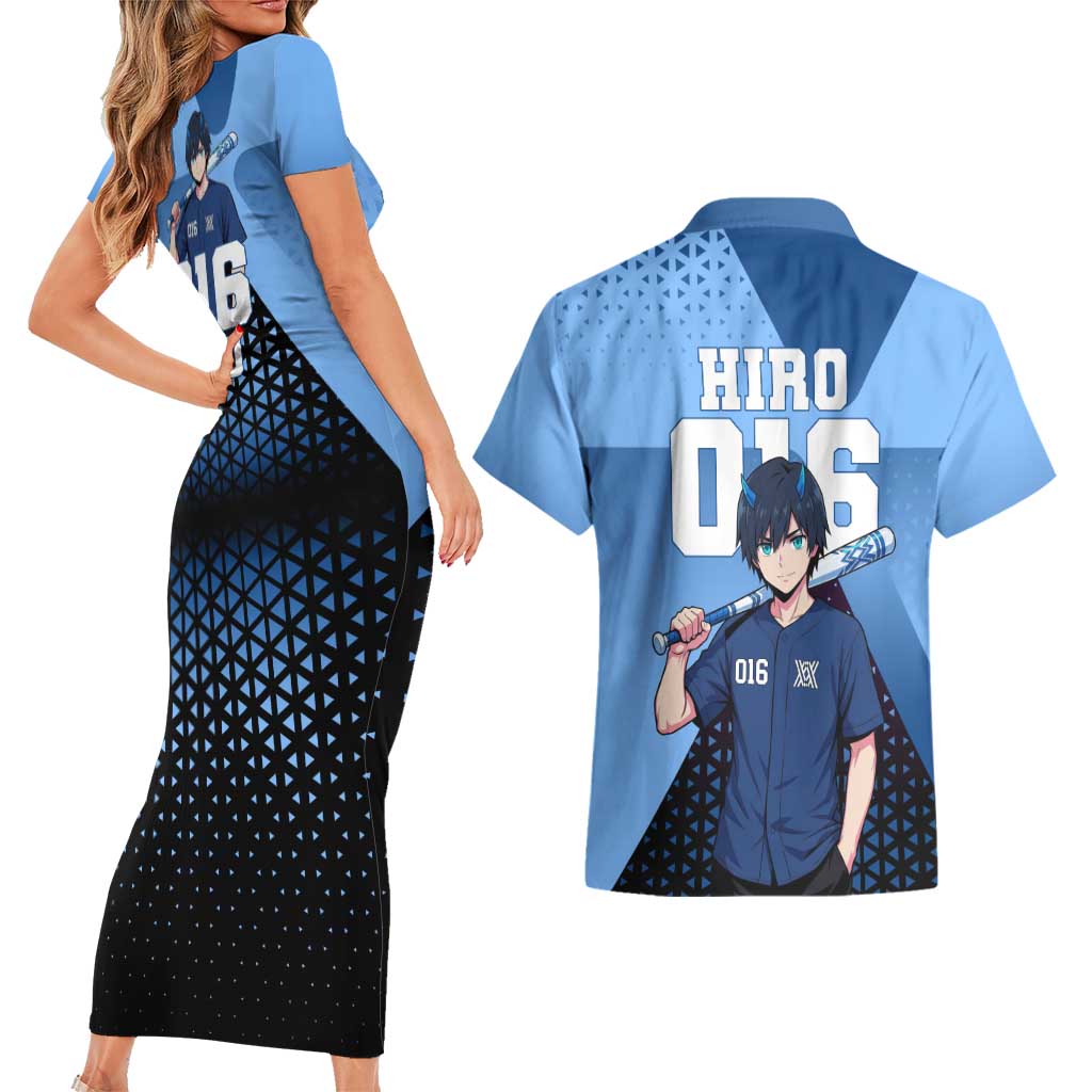 Hiro Couples Matching Short Sleeve Bodycon Dress and Hawaiian Shirt Geometric Blue Baseball Anime Style