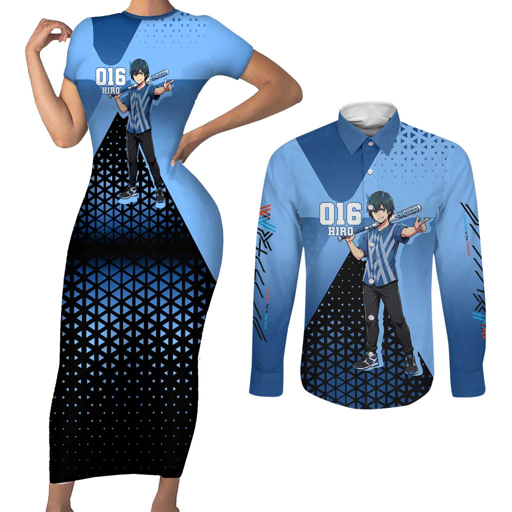 Hiro Couples Matching Short Sleeve Bodycon Dress and Long Sleeve Button Shirt Geometric Blue Baseball Anime Style