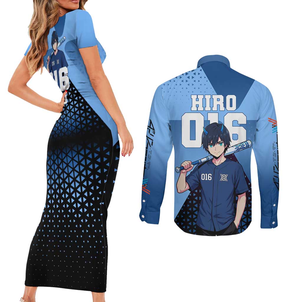 Hiro Couples Matching Short Sleeve Bodycon Dress and Long Sleeve Button Shirt Geometric Blue Baseball Anime Style