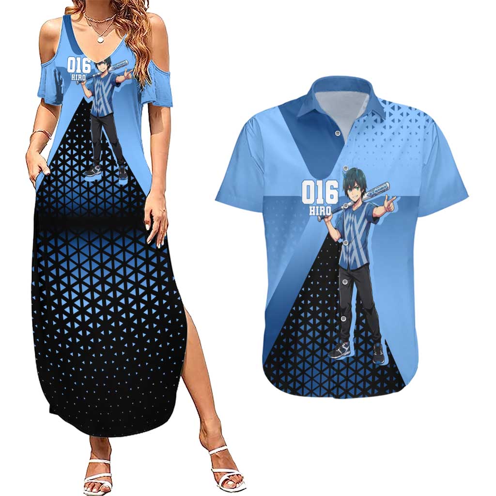 Hiro Couples Matching Summer Maxi Dress and Hawaiian Shirt Geometric Blue Baseball Anime Style