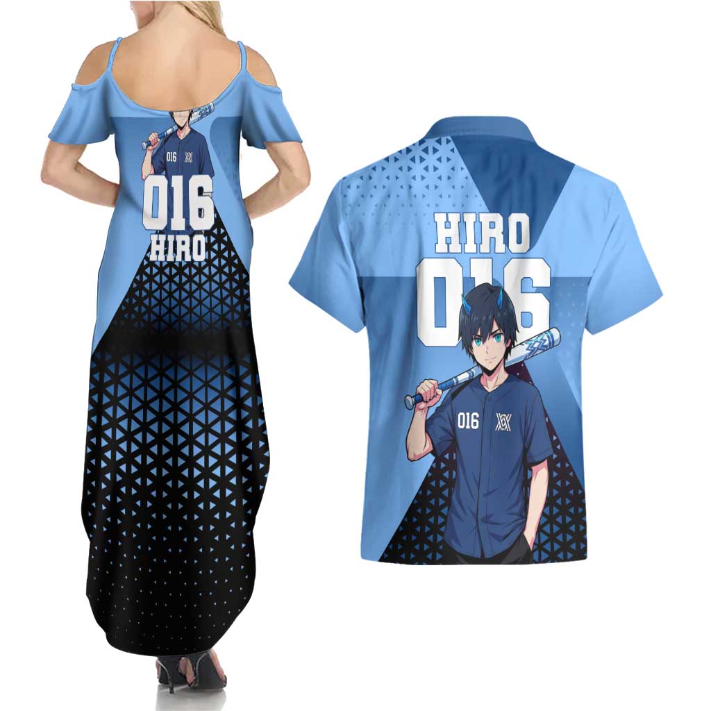 Hiro Couples Matching Summer Maxi Dress and Hawaiian Shirt Geometric Blue Baseball Anime Style