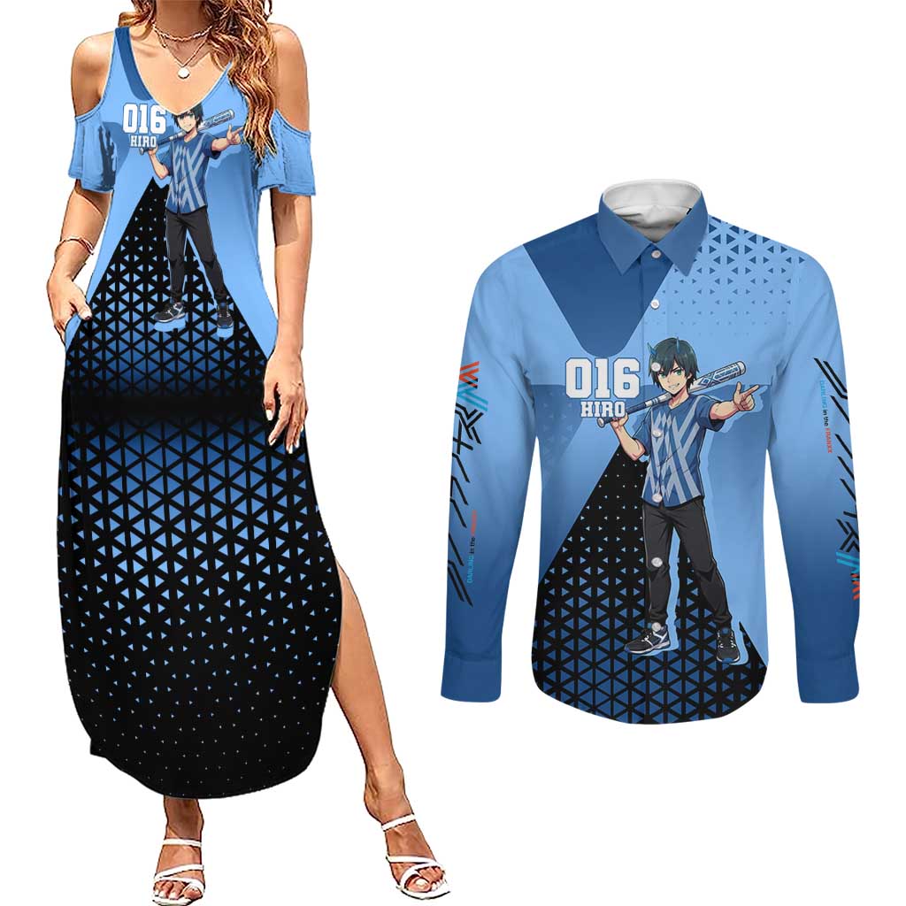 Hiro Couples Matching Summer Maxi Dress and Long Sleeve Button Shirt Geometric Blue Baseball Anime Style