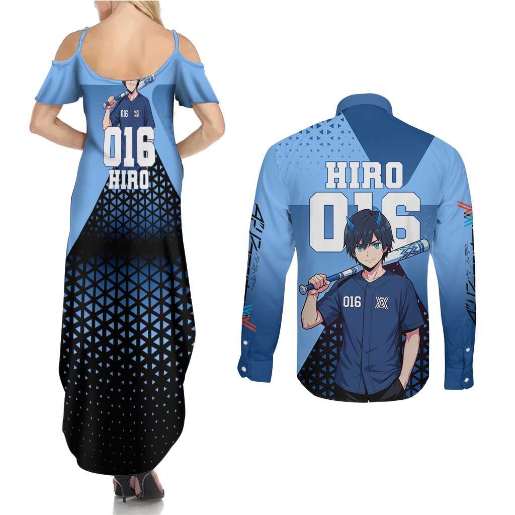 Hiro Couples Matching Summer Maxi Dress and Long Sleeve Button Shirt Geometric Blue Baseball Anime Style