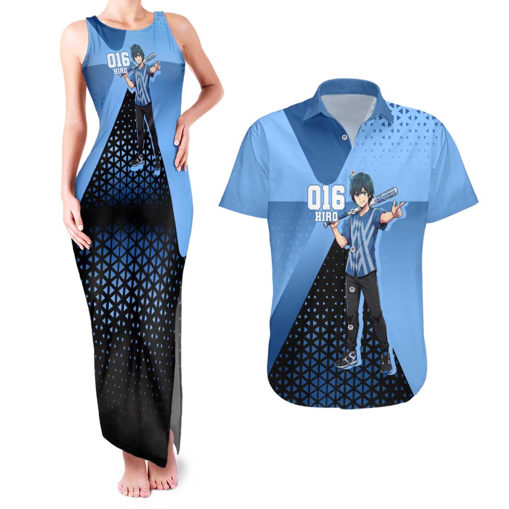 Hiro Couples Matching Tank Maxi Dress and Hawaiian Shirt Geometric Blue Baseball Anime Style
