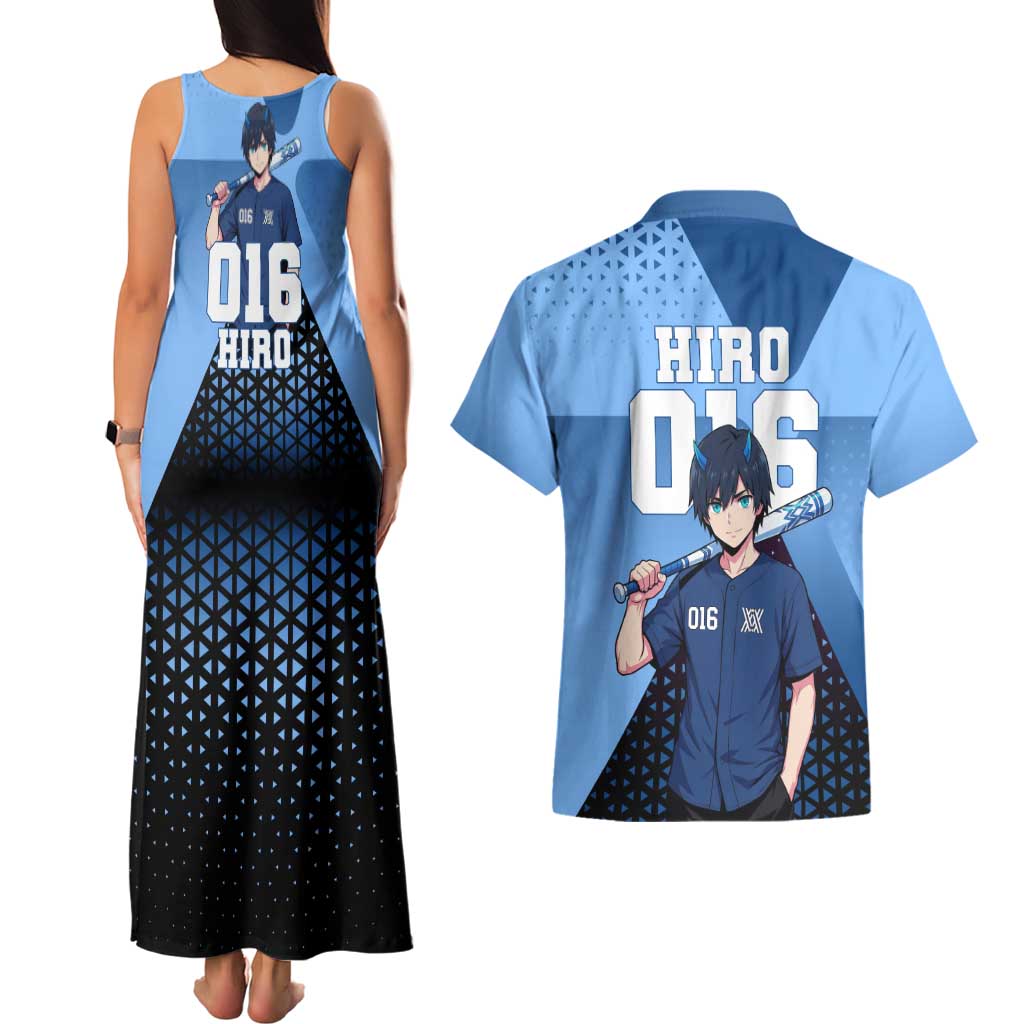 Hiro Couples Matching Tank Maxi Dress and Hawaiian Shirt Geometric Blue Baseball Anime Style