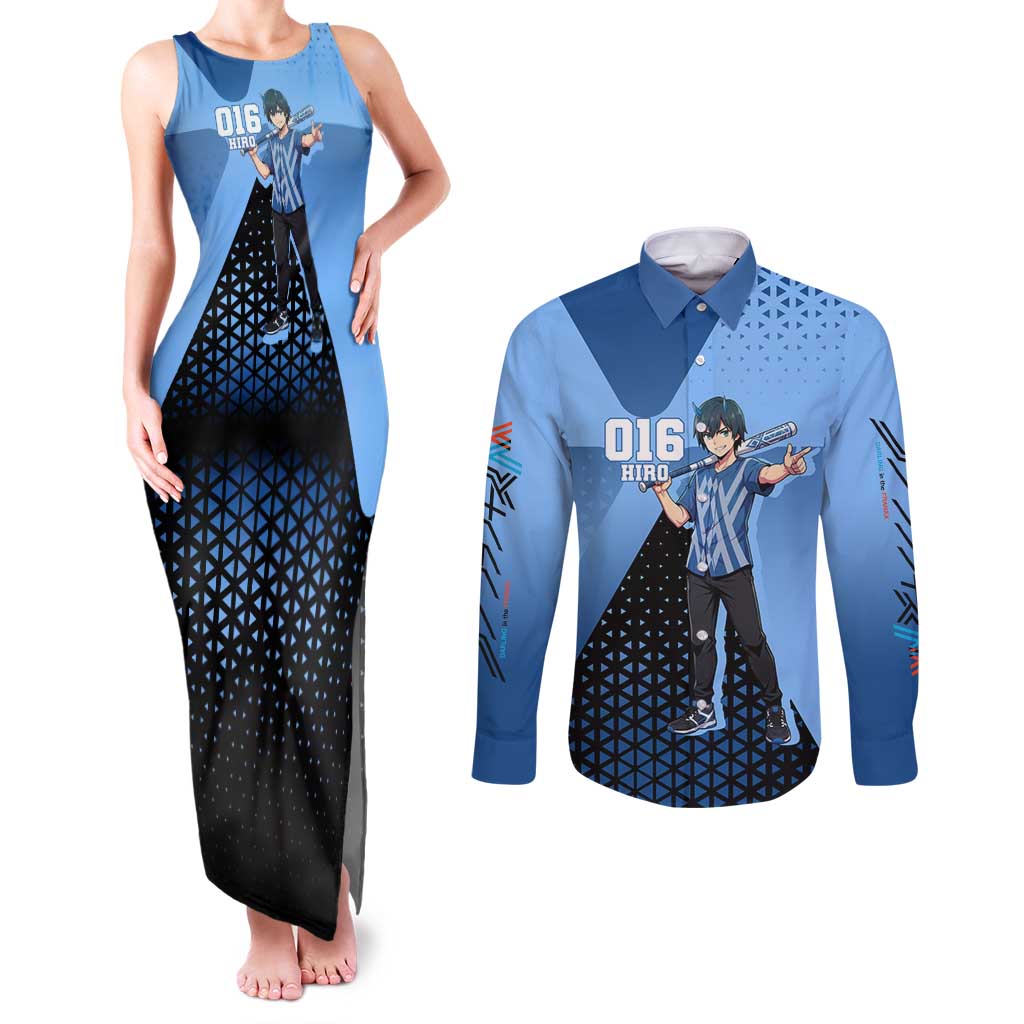 Hiro Couples Matching Tank Maxi Dress and Long Sleeve Button Shirt Geometric Blue Baseball Anime Style