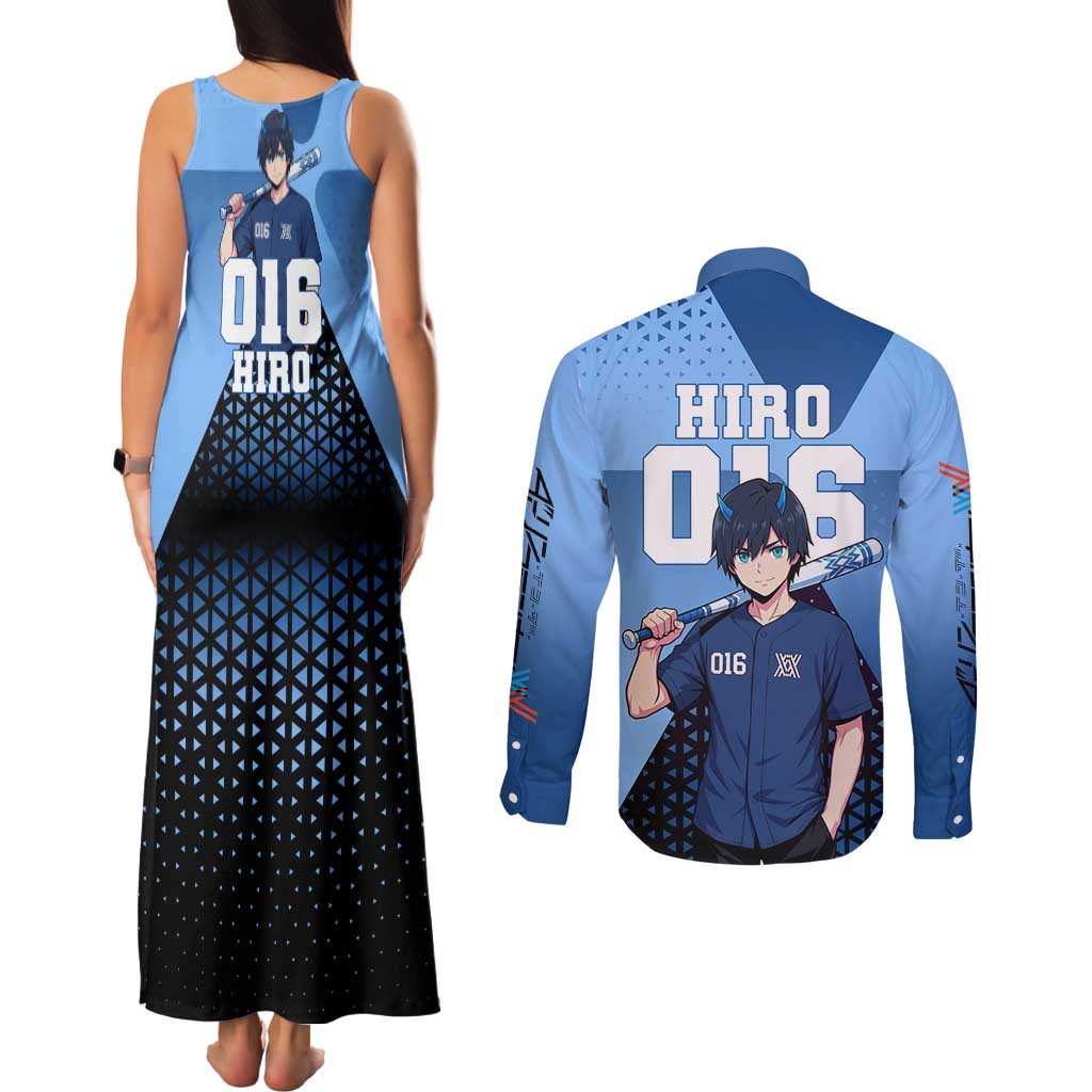 Hiro Couples Matching Tank Maxi Dress and Long Sleeve Button Shirt Geometric Blue Baseball Anime Style