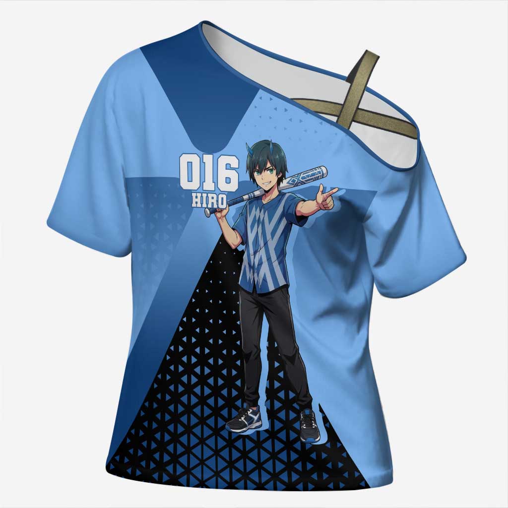 Hiro Cross Shoulder Shirt Geometric Blue Baseball Anime Style