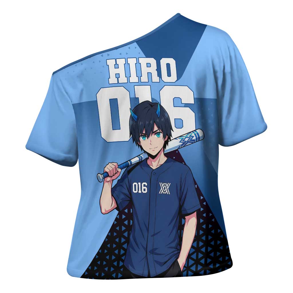 Hiro Cross Shoulder Shirt Geometric Blue Baseball Anime Style