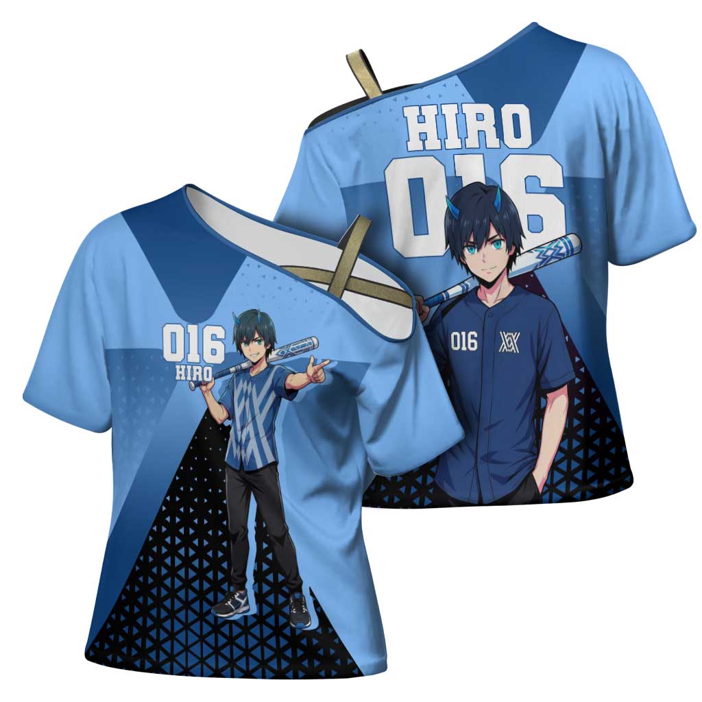 Hiro Cross Shoulder Shirt Geometric Blue Baseball Anime Style
