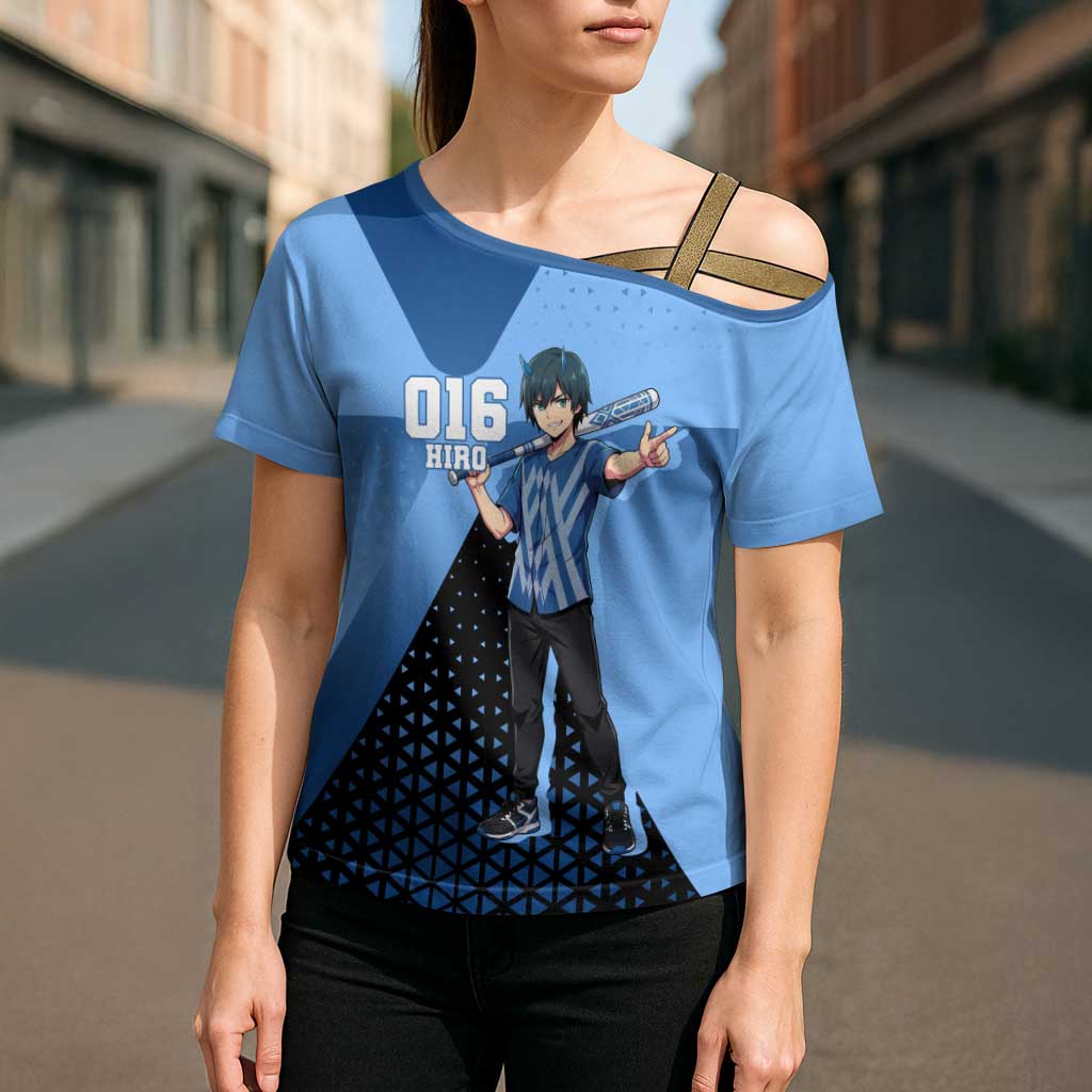 Hiro Cross Shoulder Shirt Geometric Blue Baseball Anime Style