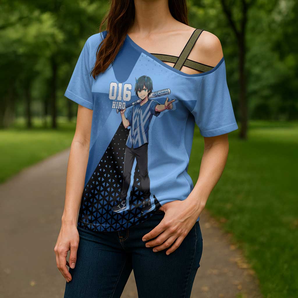 Hiro Cross Shoulder Shirt Geometric Blue Baseball Anime Style