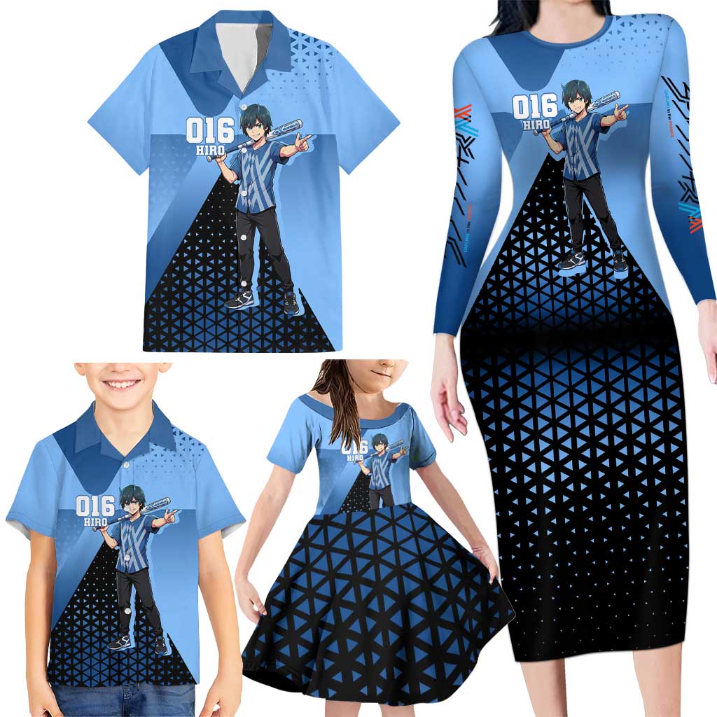 Hiro Family Matching Long Sleeve Bodycon Dress and Hawaiian Shirt Geometric Blue Baseball Anime Style