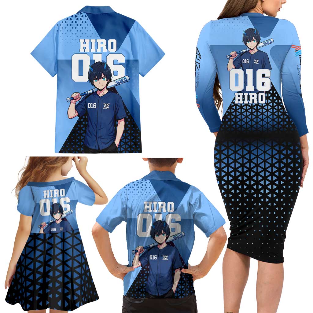 Hiro Family Matching Long Sleeve Bodycon Dress and Hawaiian Shirt Geometric Blue Baseball Anime Style