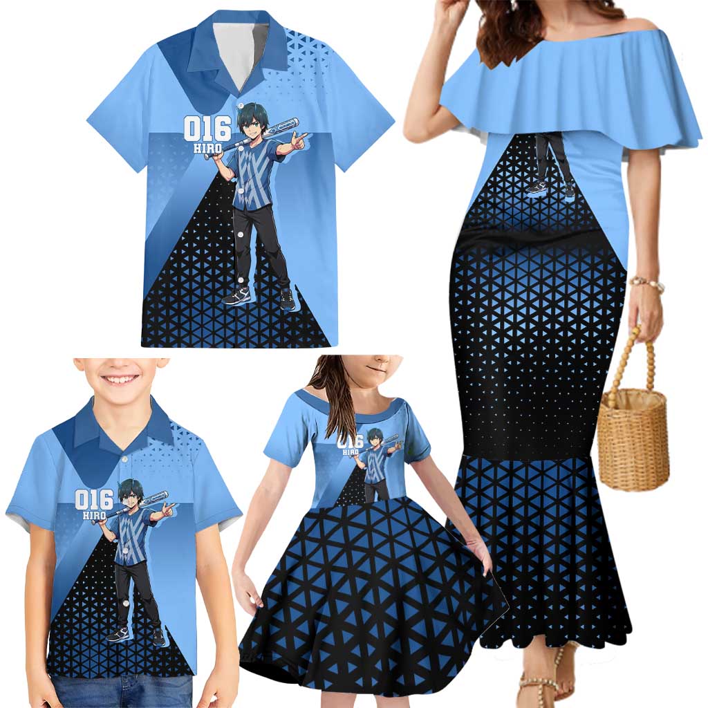 Hiro Family Matching Mermaid Dress and Hawaiian Shirt Geometric Blue Baseball Anime Style