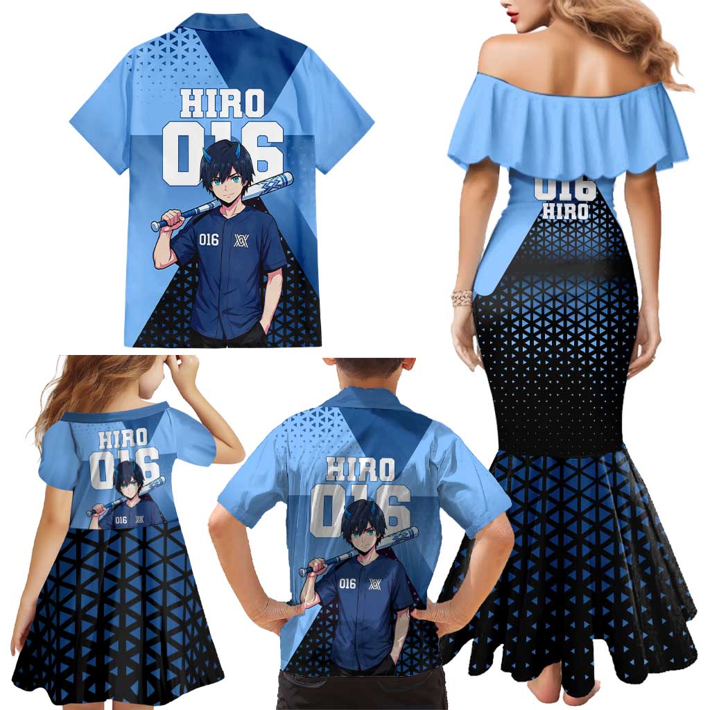 Hiro Family Matching Mermaid Dress and Hawaiian Shirt Geometric Blue Baseball Anime Style