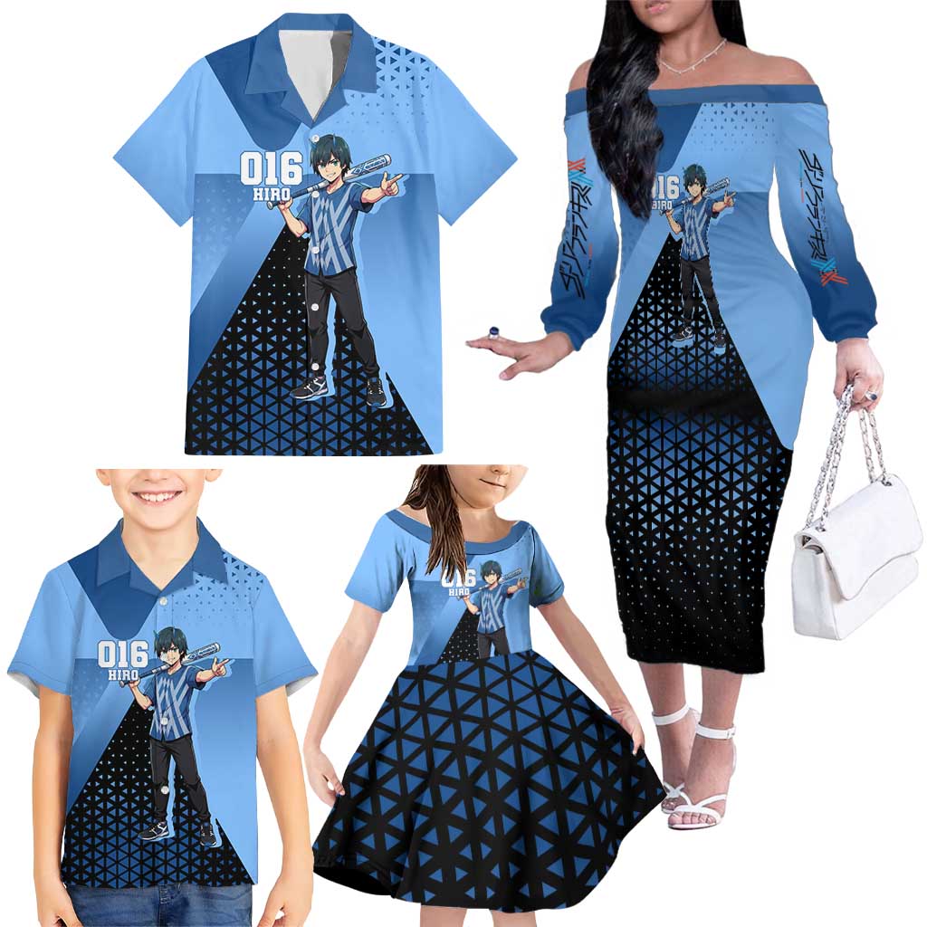 Hiro Family Matching Off The Shoulder Long Sleeve Dress and Hawaiian Shirt Geometric Blue Baseball Anime Style