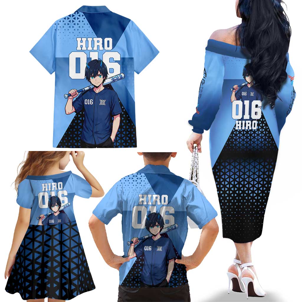 Hiro Family Matching Off The Shoulder Long Sleeve Dress and Hawaiian Shirt Geometric Blue Baseball Anime Style