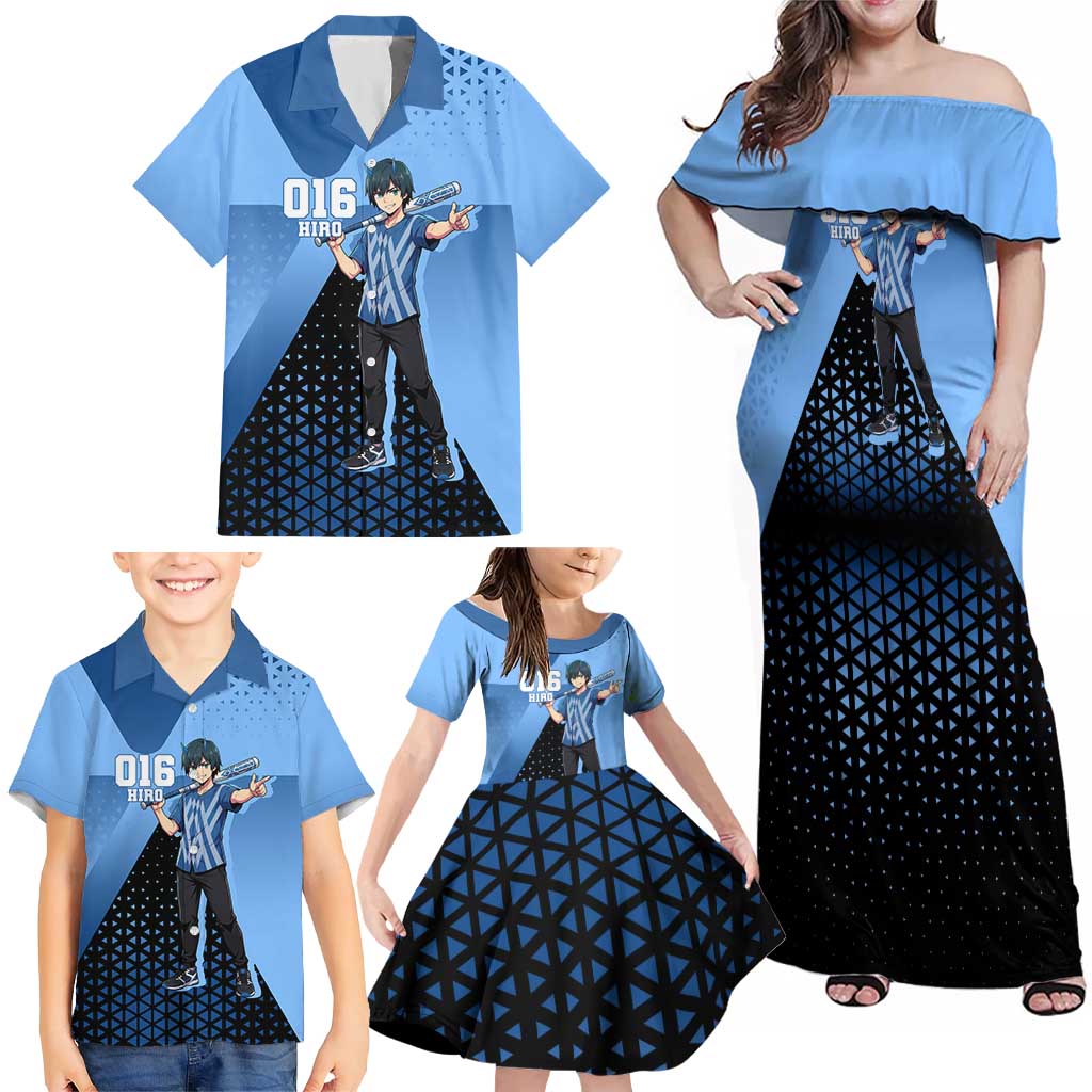 Hiro Family Matching Off Shoulder Maxi Dress and Hawaiian Shirt Geometric Blue Baseball Anime Style