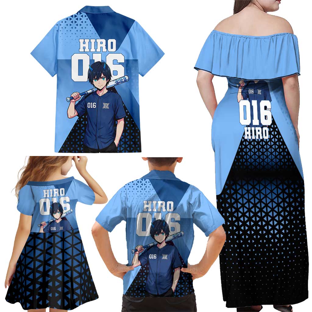 Hiro Family Matching Off Shoulder Maxi Dress and Hawaiian Shirt Geometric Blue Baseball Anime Style