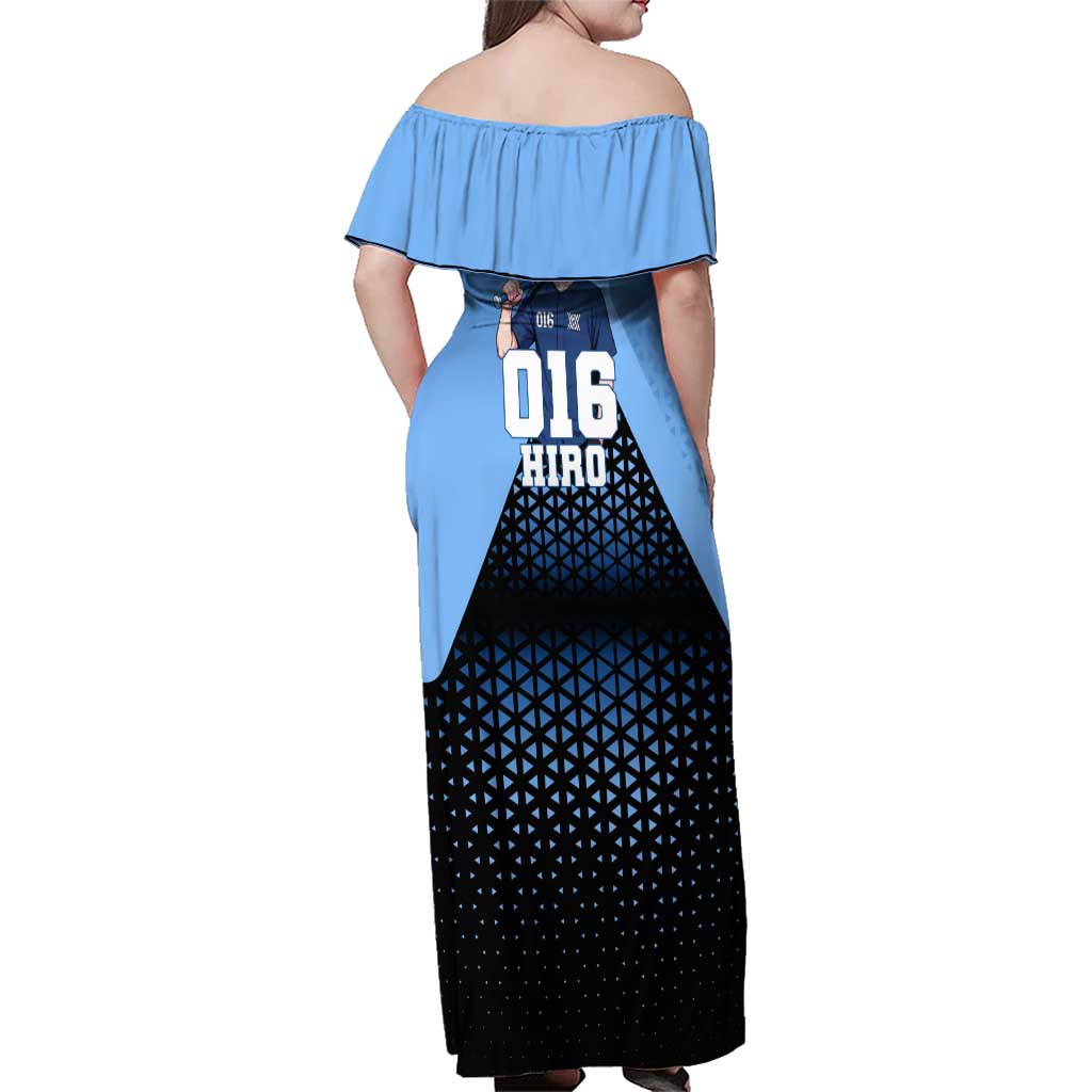 Hiro Family Matching Off Shoulder Maxi Dress and Hawaiian Shirt Geometric Blue Baseball Anime Style
