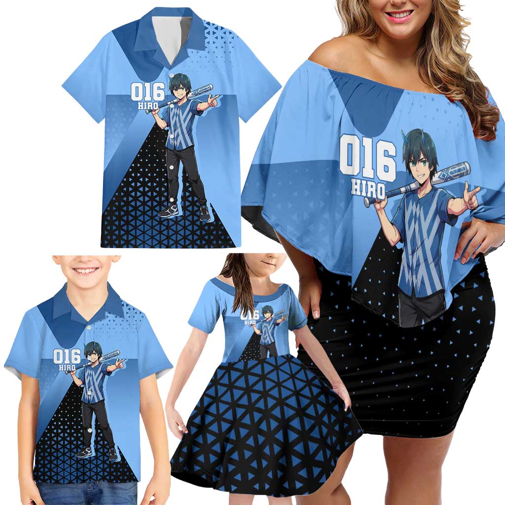 Hiro Family Matching Off Shoulder Short Dress and Hawaiian Shirt Geometric Blue Baseball Anime Style