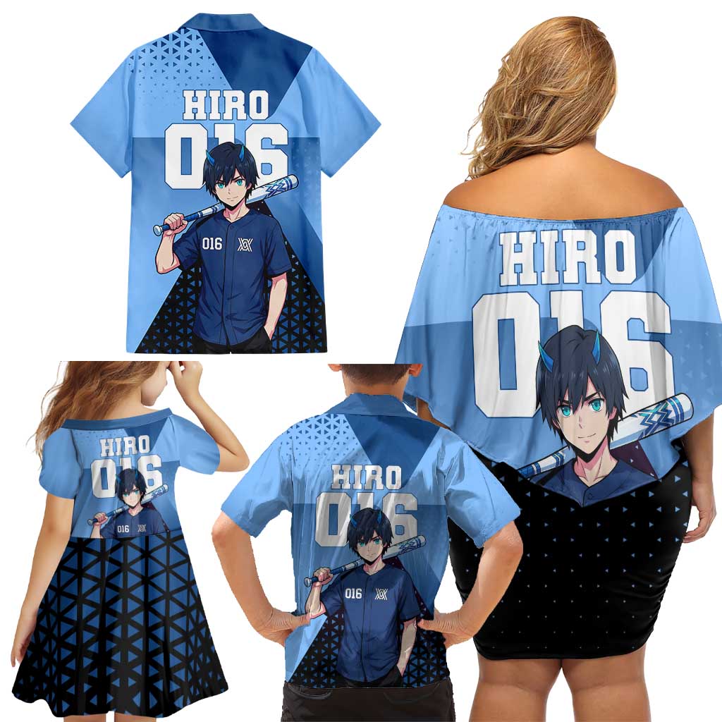 Hiro Family Matching Off Shoulder Short Dress and Hawaiian Shirt Geometric Blue Baseball Anime Style