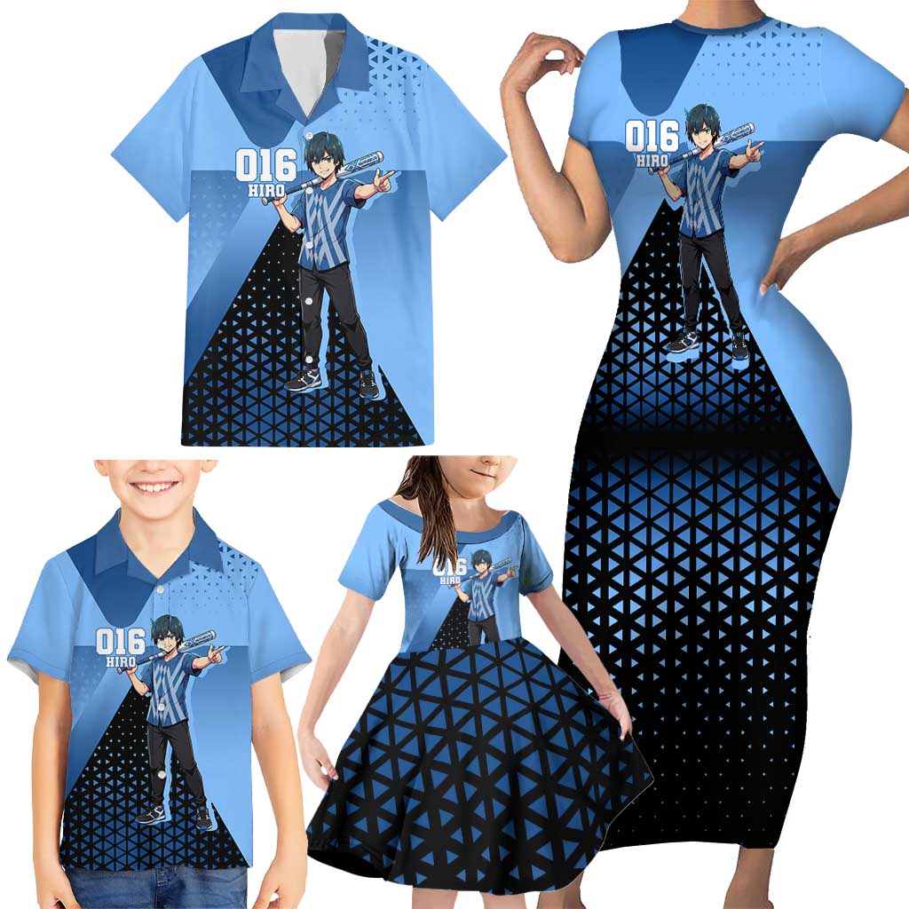 Hiro Family Matching Short Sleeve Bodycon Dress and Hawaiian Shirt Geometric Blue Baseball Anime Style