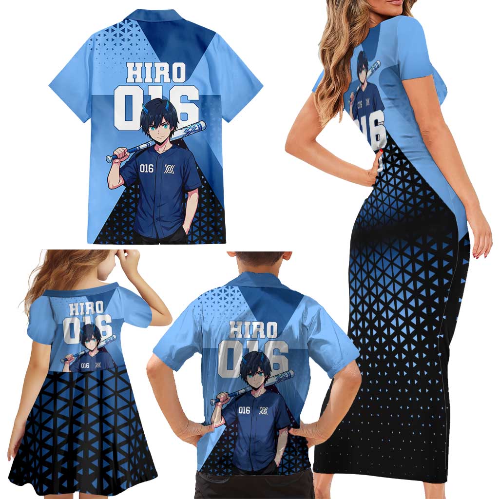 Hiro Family Matching Short Sleeve Bodycon Dress and Hawaiian Shirt Geometric Blue Baseball Anime Style