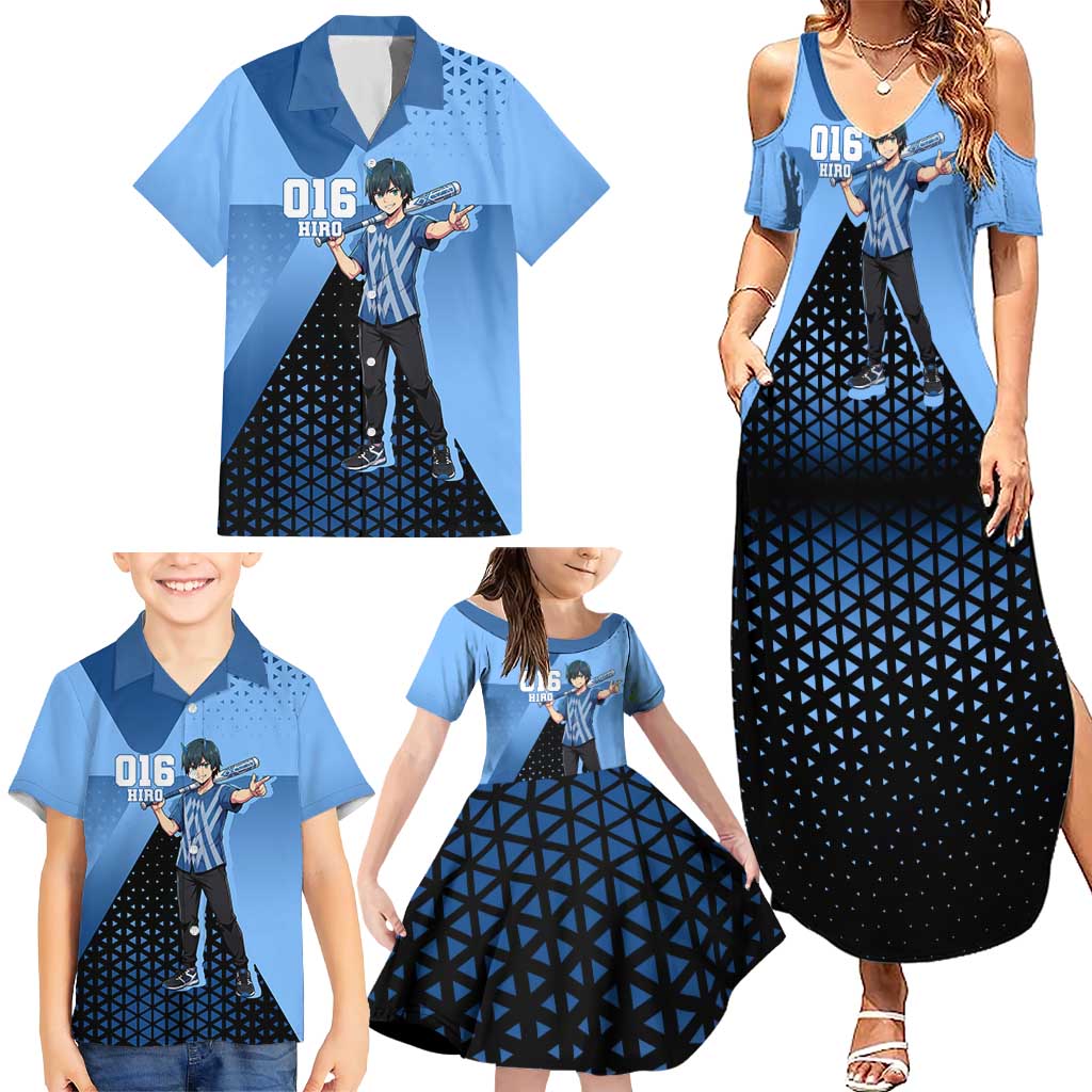 Hiro Family Matching Summer Maxi Dress and Hawaiian Shirt Geometric Blue Baseball Anime Style