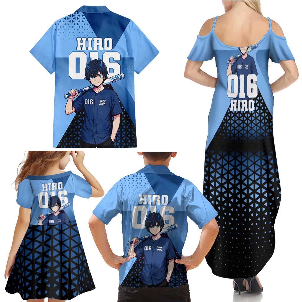 Hiro Family Matching Summer Maxi Dress and Hawaiian Shirt Geometric Blue Baseball Anime Style
