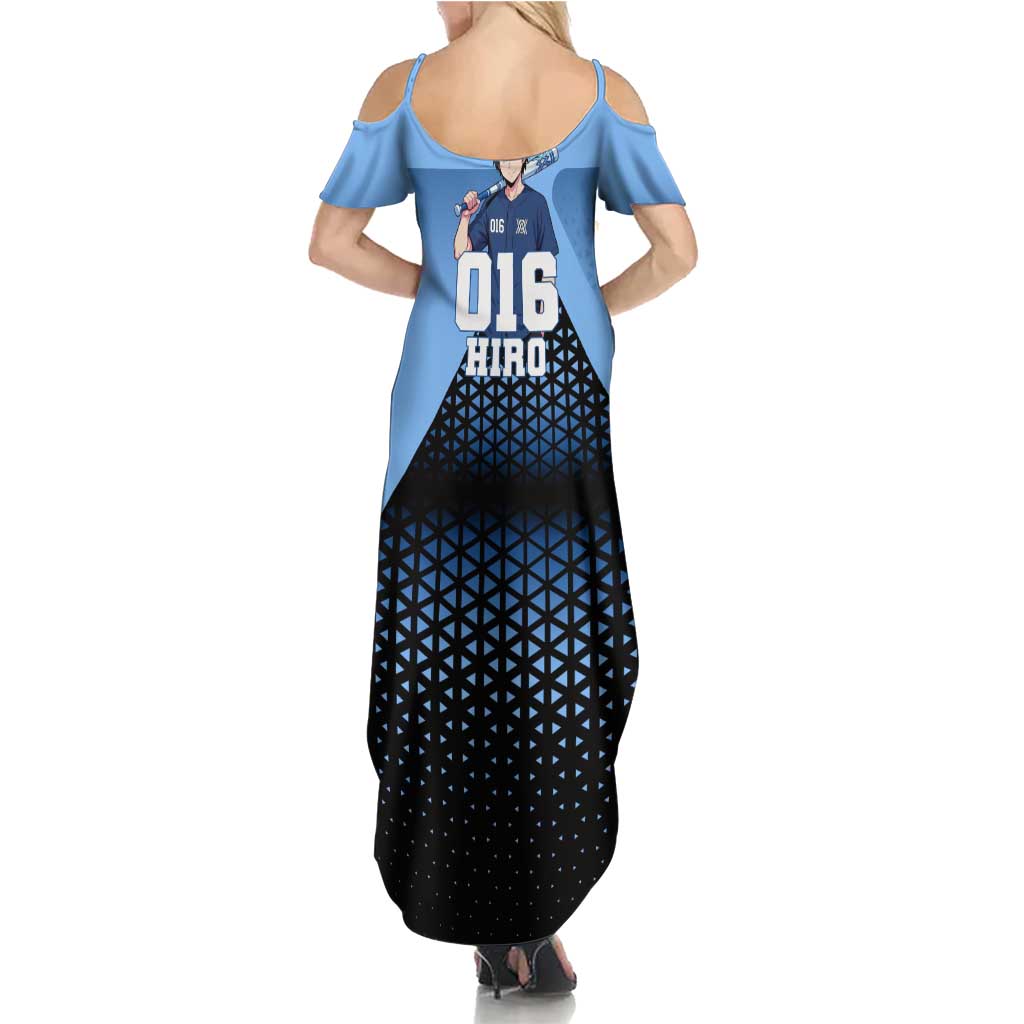 Hiro Family Matching Summer Maxi Dress and Hawaiian Shirt Geometric Blue Baseball Anime Style