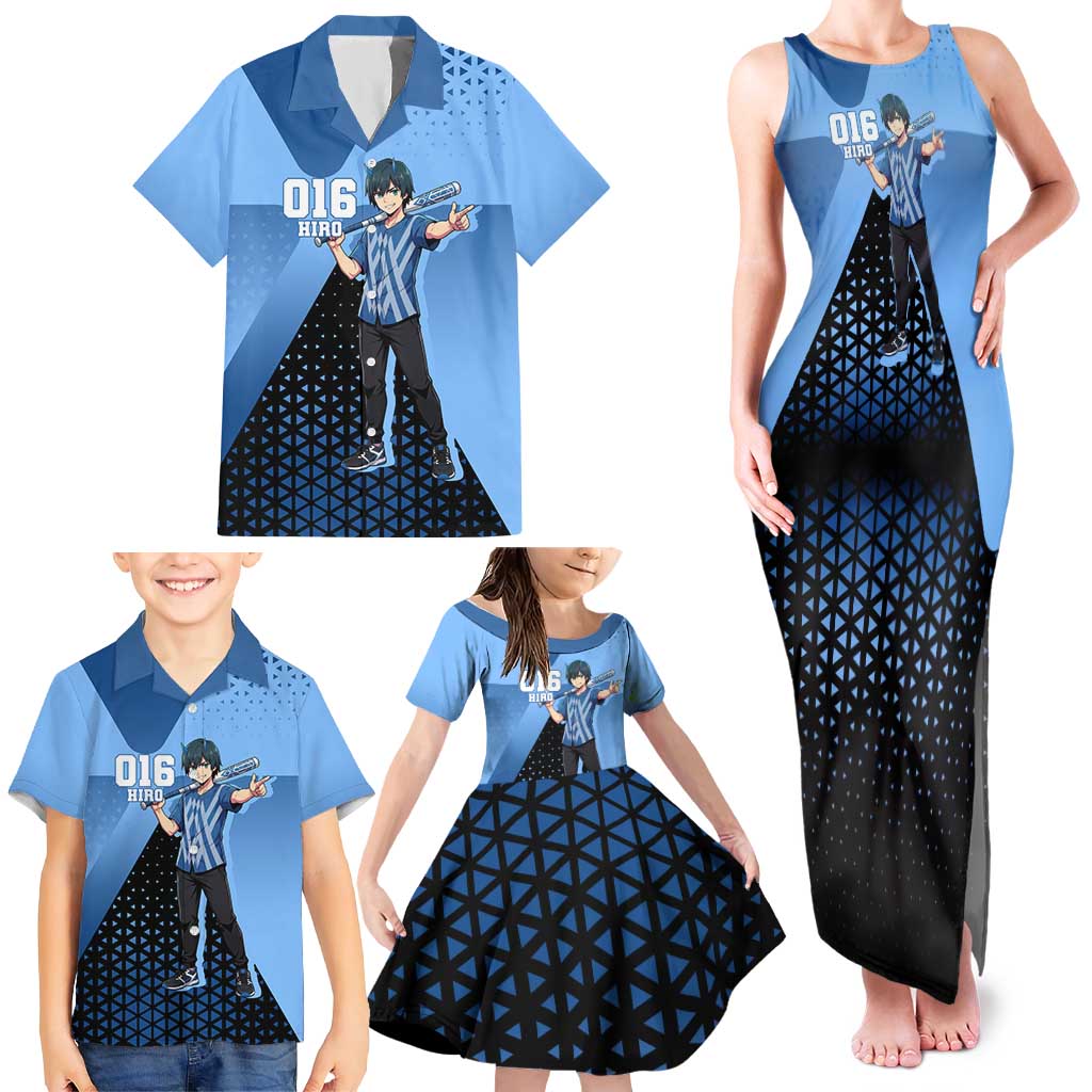Hiro Family Matching Tank Maxi Dress and Hawaiian Shirt Geometric Blue Baseball Anime Style