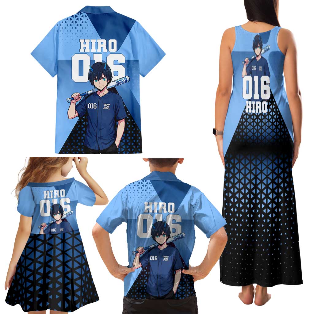 Hiro Family Matching Tank Maxi Dress and Hawaiian Shirt Geometric Blue Baseball Anime Style