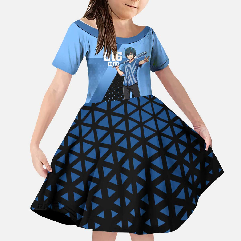 Hiro Kid Short Sleeve Dress Geometric Blue Baseball Anime Style