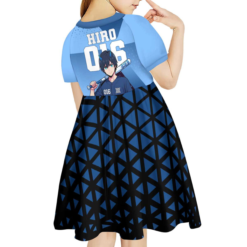 Hiro Kid Short Sleeve Dress Geometric Blue Baseball Anime Style
