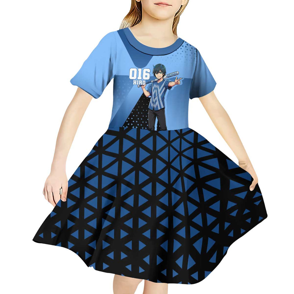 Hiro Kid Short Sleeve Dress Geometric Blue Baseball Anime Style