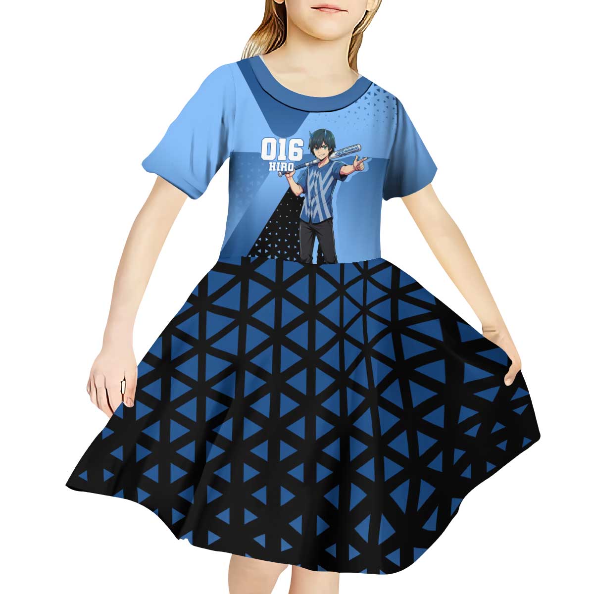 Hiro Kid Short Sleeve Dress Geometric Blue Baseball Anime Style