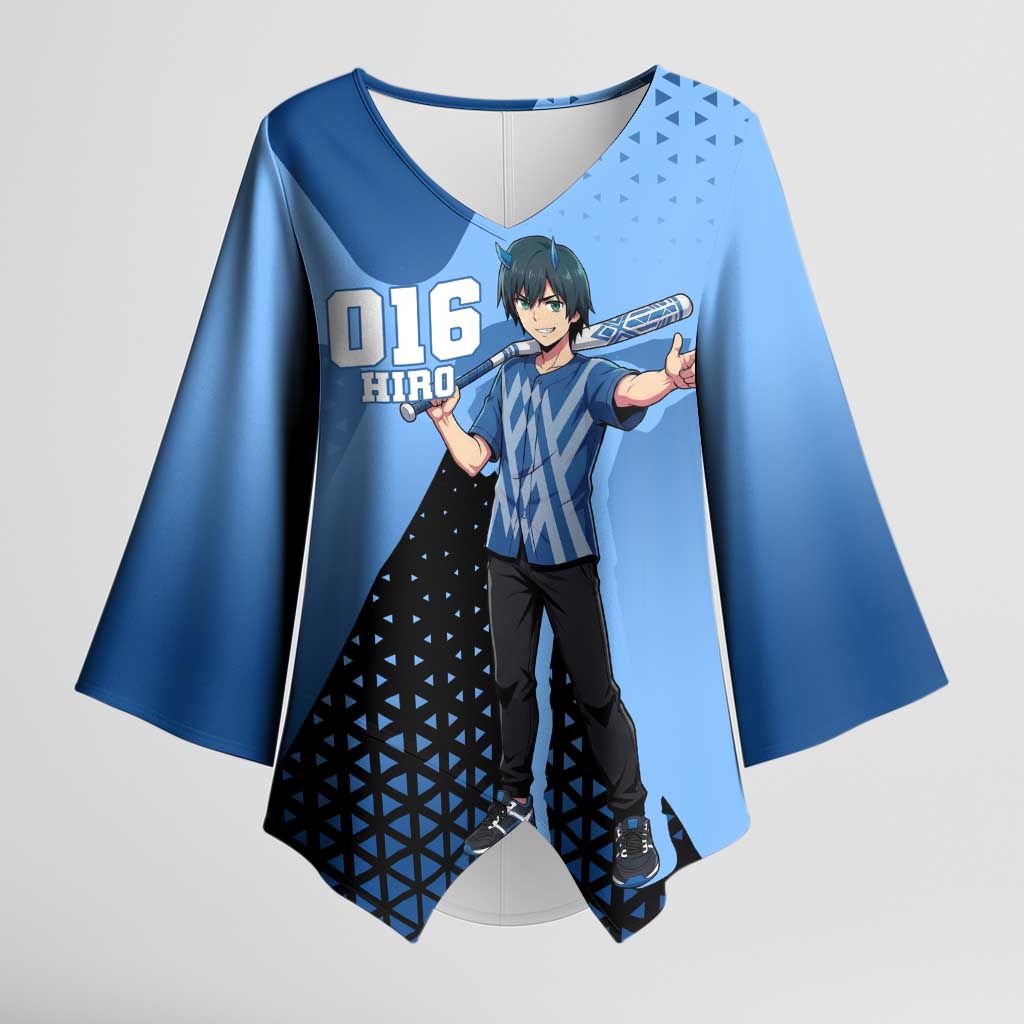 Hiro Kimono Sleeve Blouse Geometric Blue Baseball Anime Style