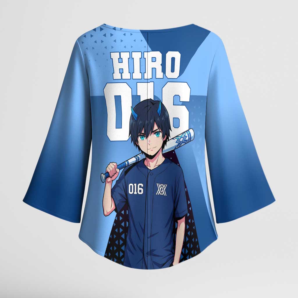 Hiro Kimono Sleeve Blouse Geometric Blue Baseball Anime Style