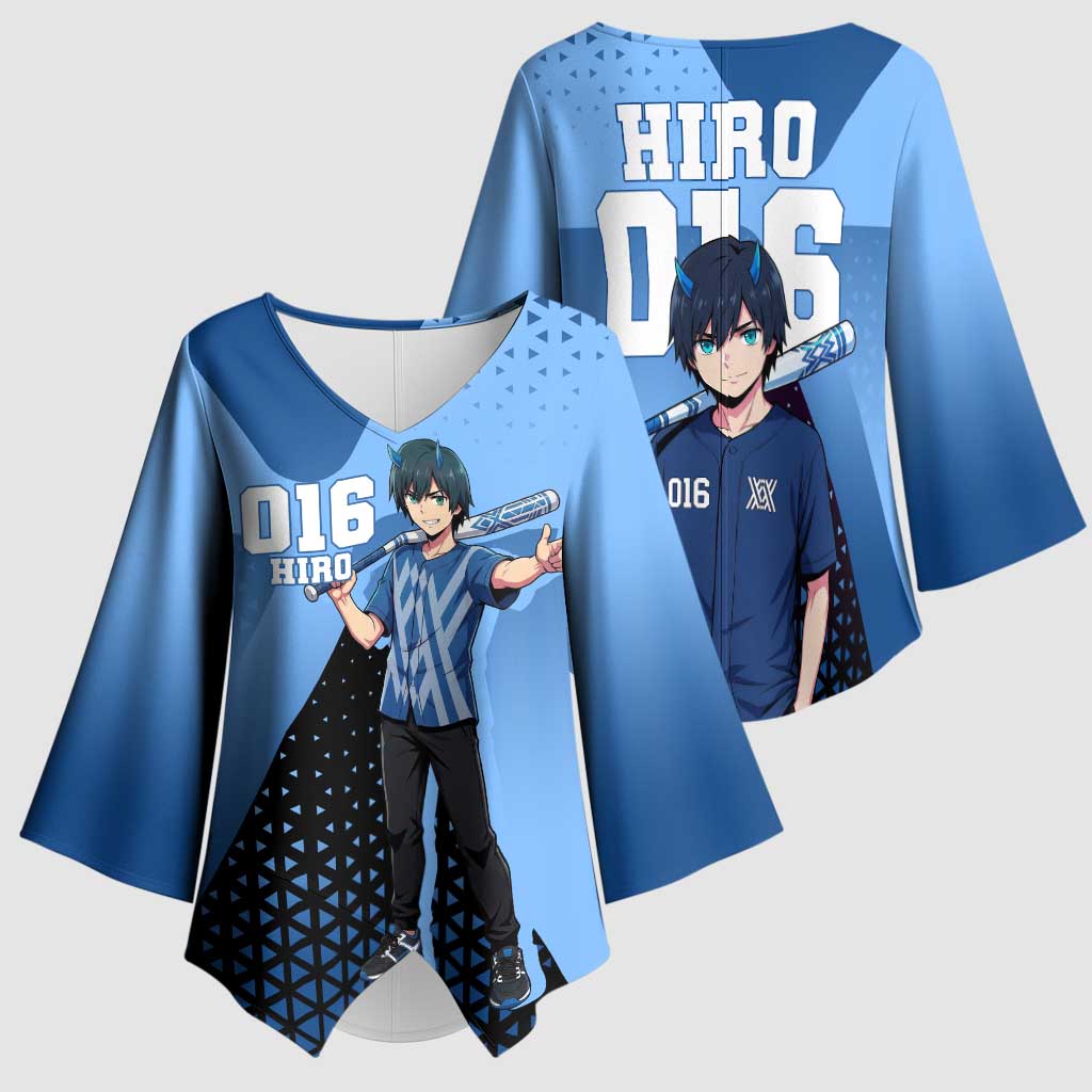 Hiro Kimono Sleeve Blouse Geometric Blue Baseball Anime Style