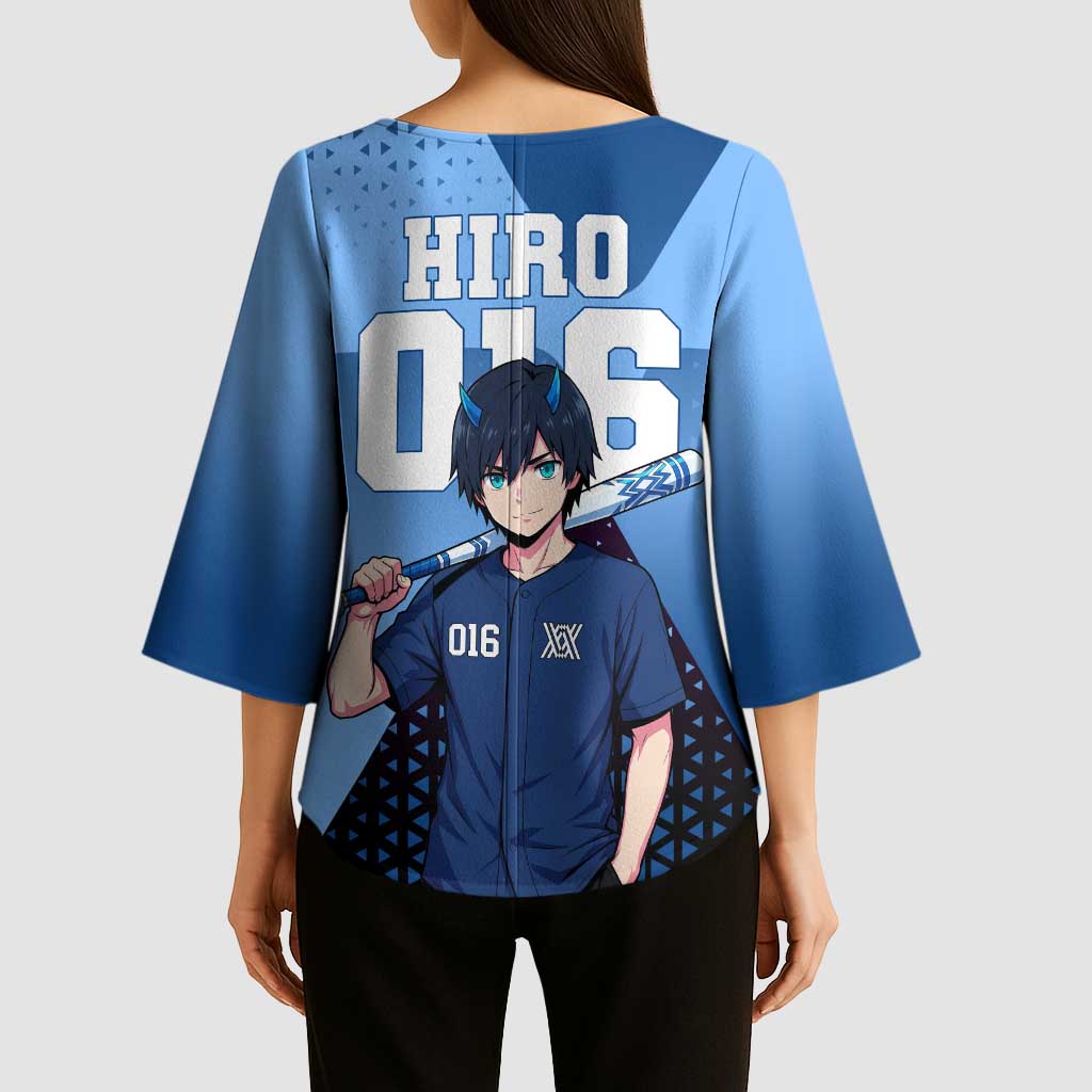 Hiro Kimono Sleeve Blouse Geometric Blue Baseball Anime Style